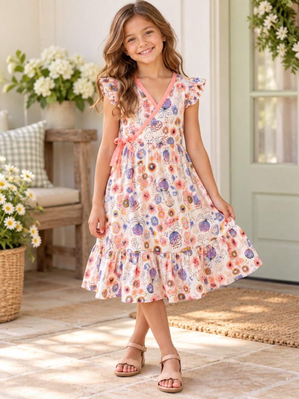 Tea Collection Girls Floral Cotton Wrap Dress Flutter Sleeve Size 8